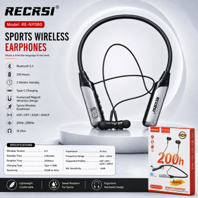 RE-NY060 Recrsi wireless Neckband Bluetooth Earphone Charging backup 200 hours